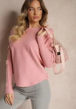 Ciemnoróżowy Sweter z Wiskozą Ozdobiony Wycięciami na Rękawach Evathia