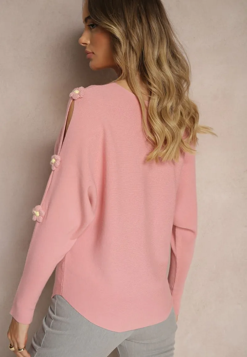 Ciemnoróżowy Sweter z Wiskozą Ozdobiony Wycięciami na Rękawach Evathia