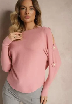 Ciemnoróżowy Sweter z Wiskozą Ozdobiony Wycięciami na Rękawach Evathia