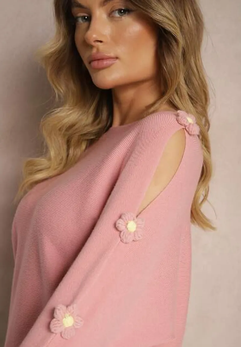 Ciemnoróżowy Sweter z Wiskozą Ozdobiony Wycięciami na Rękawach Evathia