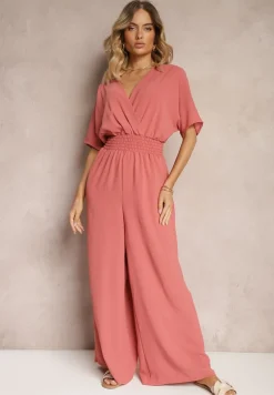 Ciemnoróżowy Taliowany Kombinezon z Zakładkowym Dekoltem i Gumką w Pasie Vimalynna