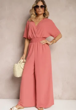 Ciemnoróżowy Taliowany Kombinezon z Zakładkowym Dekoltem i Gumką w Pasie Vimalynna