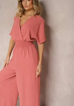 Ciemnoróżowy Taliowany Kombinezon z Zakładkowym Dekoltem i Gumką w Pasie Vimalynna