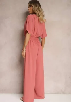 Ciemnoróżowy Taliowany Kombinezon z Zakładkowym Dekoltem i Gumką w Pasie Vimalynna