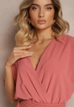 Ciemnoróżowy Taliowany Kombinezon z Zakładkowym Dekoltem i Gumką w Pasie Vimalynna