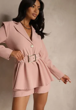 Ciemnoróżowy Taliowany Kombinezon Imitujący Garnitur z Paskiem i Cyrkoniami Milazi