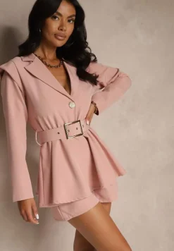 Ciemnoróżowy Taliowany Kombinezon Imitujący Garnitur z Paskiem i Cyrkoniami Milazi