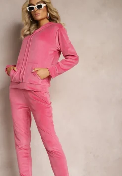 Ciemnoróżowy Welurowy Komplet Dresowy Bluza z Kapturem i Spodnie Vilna