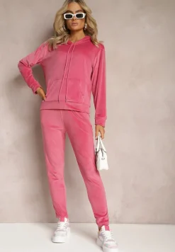 Ciemnoróżowy Welurowy Komplet Dresowy Bluza z Kapturem i Spodnie Vilna