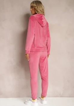 Ciemnoróżowy Welurowy Komplet Dresowy Bluza z Kapturem i Spodnie Vilna