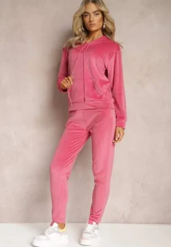 Ciemnoróżowy Welurowy Komplet Dresowy Bluza z Kapturem i Spodnie Vilna