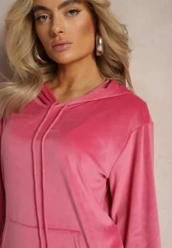 Ciemnoróżowy Welurowy Komplet Dresowy Bluza z Kapturem i Spodnie Vilna