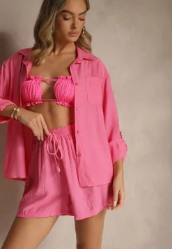 Ciemnoróżowy Wiskozowy Komplet Koszula i Szorty Luźne Efrone