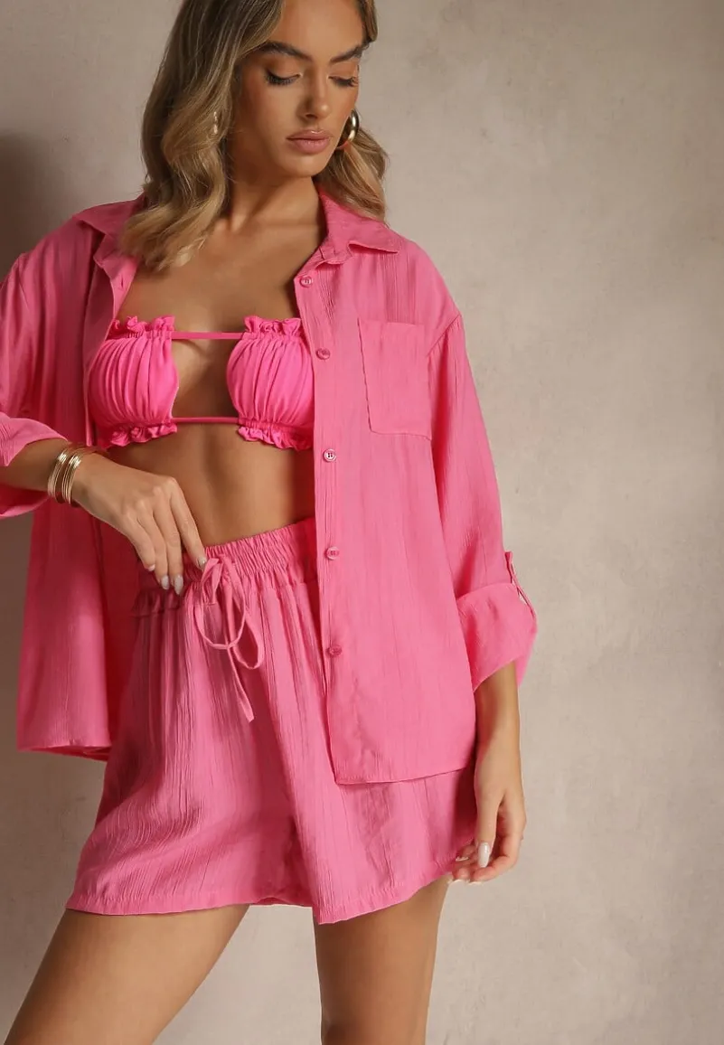 Ciemnoróżowy Wiskozowy Komplet Koszula i Szorty Luźne Efrone