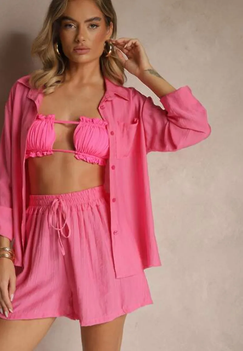 Ciemnoróżowy Wiskozowy Komplet Koszula i Szorty Luźne Efrone