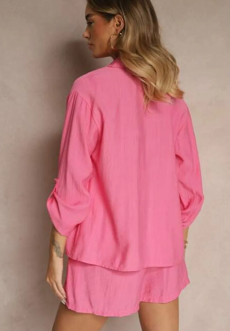 Ciemnoróżowy Wiskozowy Komplet Koszula i Szorty Luźne Efrone