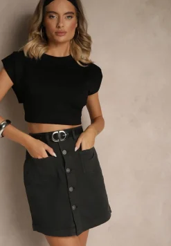 Ciemnoszara Bawełniana Jeansowa Spódnica Ozdobiona Guzikami Lilevia