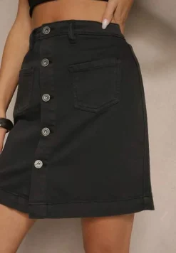 Ciemnoszara Bawełniana Jeansowa Spódnica Ozdobiona Guzikami Lilevia