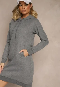 Ciemnoszara Bluza Tunika z Dodatkiem Bawełny Wykończona Sznurkami i Kapturem Mivithia