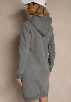 Ciemnoszara Bluza Tunika z Dodatkiem Bawełny Wykończona Sznurkami i Kapturem Mivithia