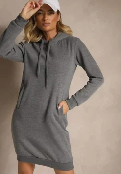 Ciemnoszara Bluza Tunika z Dodatkiem Bawełny Wykończona Sznurkami i Kapturem Mivithia