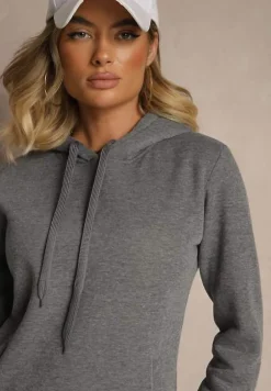 Ciemnoszara Bluza Tunika z Dodatkiem Bawełny Wykończona Sznurkami i Kapturem Mivithia