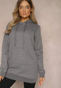 Ciemnoszara Bluza z Dodatkiem Bawełny Ozdobiona Sznurkami z Kapturem Mivasia