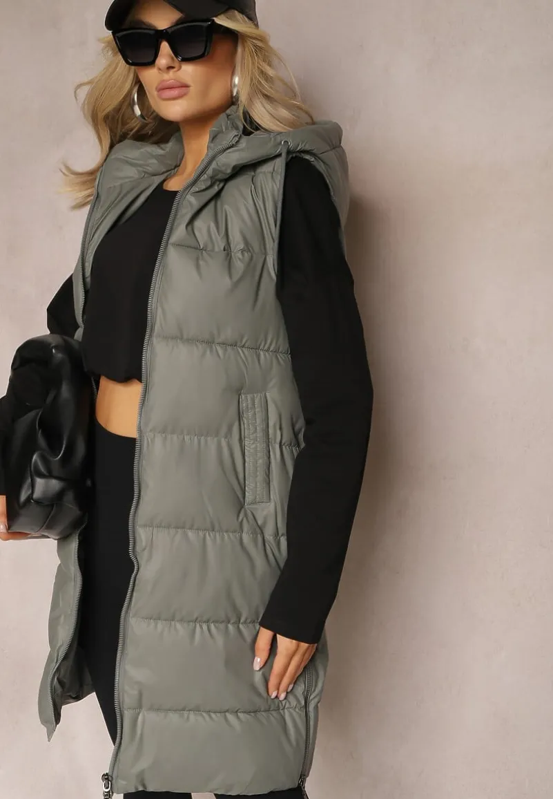 Ciemnoszara Długa Kamizelka z Pikowaniem i Obustronnym Suwakiem Wetessa