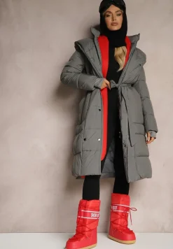 Ciemnoszara Długa Kurtka Pikowana z Kapturem i Podwójnym Kołnierzem Wiązana w Talii Ravilya