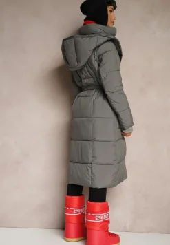Ciemnoszara Długa Kurtka Pikowana z Kapturem i Podwójnym Kołnierzem Wiązana w Talii Ravilya