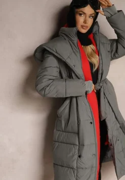 Ciemnoszara Długa Kurtka Pikowana z Kapturem i Podwójnym Kołnierzem Wiązana w Talii Ravilya