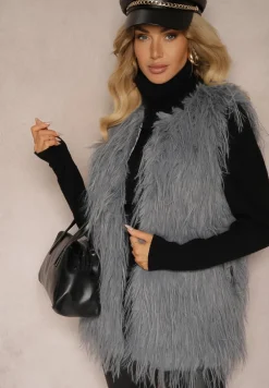 Ciemnoszara Futerkowa Kamizelka o Prostym Kroju z Kieszeniami Venialith