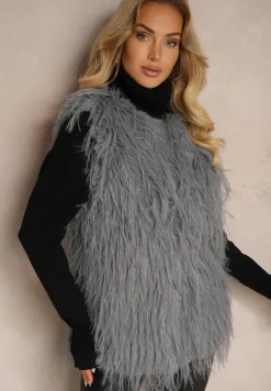 Ciemnoszara Futerkowa Kamizelka o Prostym Kroju z Kieszeniami Venialith