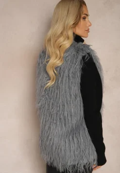 Ciemnoszara Futerkowa Kamizelka o Prostym Kroju z Kieszeniami Venialith