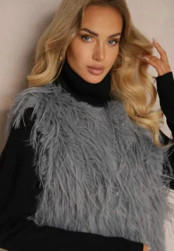 Ciemnoszara Futerkowa Kamizelka o Prostym Kroju z Kieszeniami Venialith