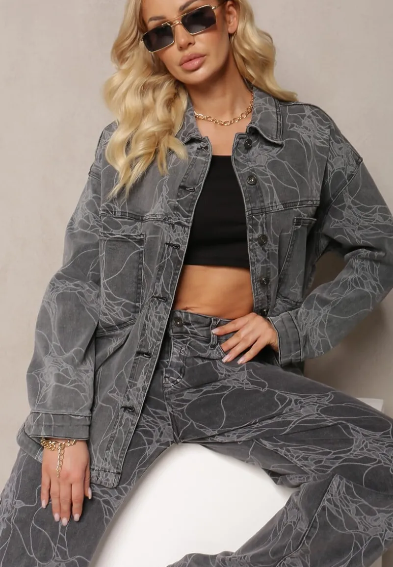 Ciemnoszara Jeansowa Kurtka w Marmurkowy Wzór Neirana
