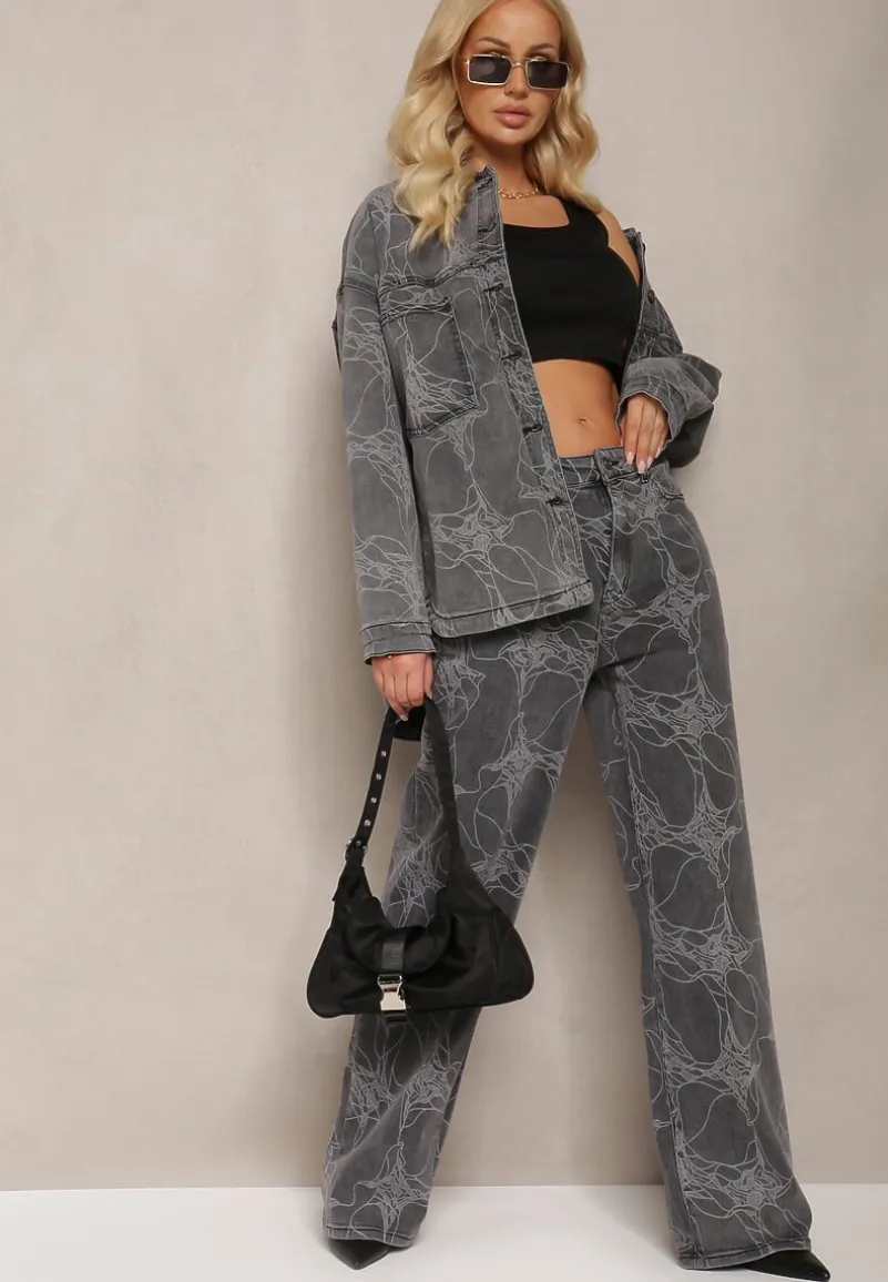 Ciemnoszara Jeansowa Kurtka w Marmurkowy Wzór Neirana