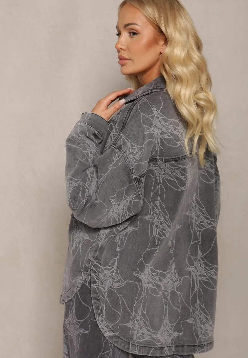 Ciemnoszara Jeansowa Kurtka w Marmurkowy Wzór Neirana