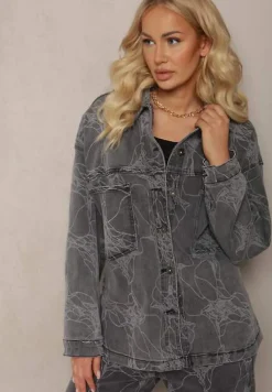 Ciemnoszara Jeansowa Kurtka w Marmurkowy Wzór Neirana