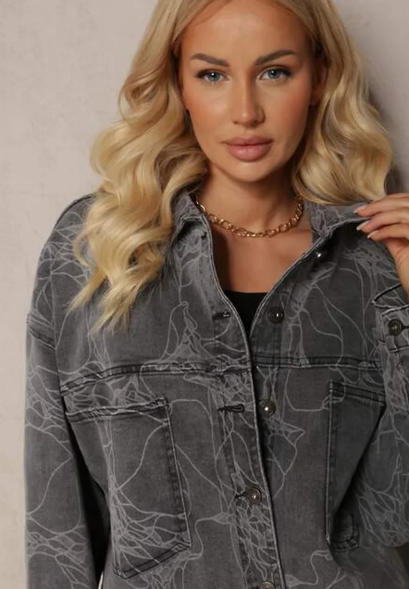 Ciemnoszara Jeansowa Kurtka w Marmurkowy Wzór Neirana