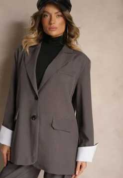 Ciemnoszara Jednorzędowa Marynarka z Wywiniętymi Rękawami i Usztywnioną Linią Ramion Mialassa