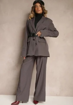 Ciemnoszara Jednorzędowa Marynarka z Wywiniętymi Rękawami i Usztywnioną Linią Ramion Mialassa