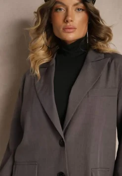 Ciemnoszara Jednorzędowa Marynarka z Wywiniętymi Rękawami i Usztywnioną Linią Ramion Mialassa