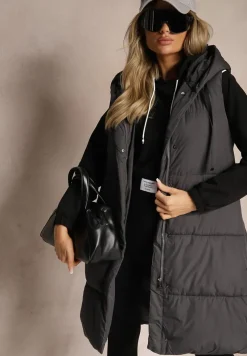 Ciemnoszara Kamizelka Pikowana Wykończona Kapturem i Sznurkami Quinaria