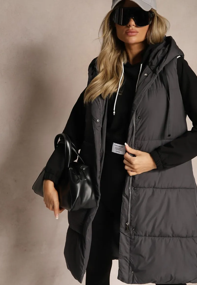 Ciemnoszara Kamizelka Pikowana Wykończona Kapturem i Sznurkami Quinaria