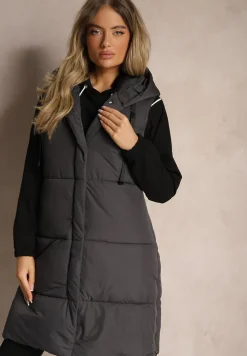 Ciemnoszara Kamizelka Pikowana Wykończona Kapturem i Sznurkami Quinaria