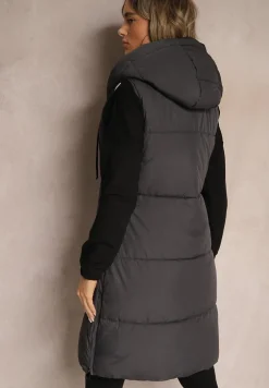 Ciemnoszara Kamizelka Pikowana Wykończona Kapturem i Sznurkami Quinaria