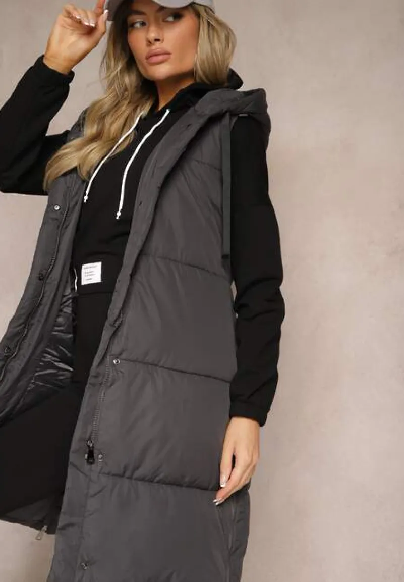 Ciemnoszara Kamizelka Pikowana Wykończona Kapturem i Sznurkami Quinaria