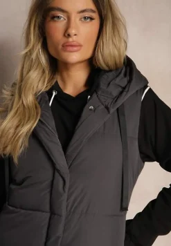 Ciemnoszara Kamizelka Pikowana Wykończona Kapturem i Sznurkami Quinaria