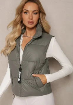 Ciemnoszara Kamizelka z Wysokim Kołnierzem i Suwakiem z Ozdobą Aklaria